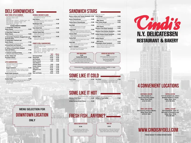 Cindi's complete Downtown menu page 1 with deli sandwiches, hot and cold plates, and fish