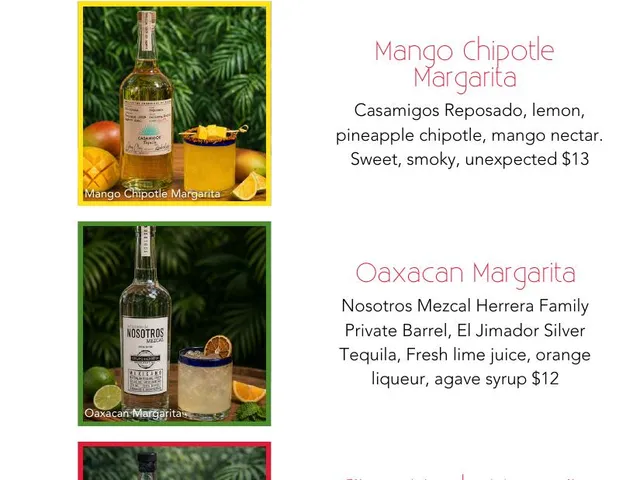 First page of Alicia's Mexican Grille drink menu listing signature margaritas