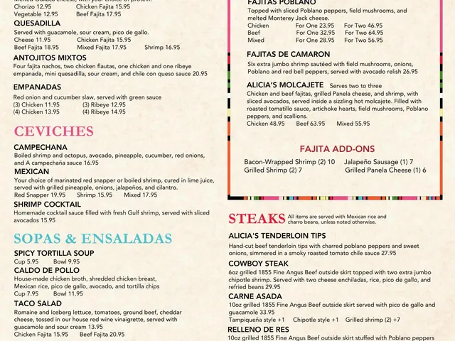 First page of Alicia's Mexican Grille complete food menu with appetizers, ceviches, soups, salads, chicken, steaks, fajitas, and kids' dishes