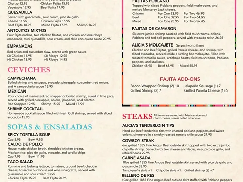 First page of Alicia's Mexican Grille complete food menu with appetizers, ceviches, soups, salads, chicken, steaks, fajitas, and kids' dishes