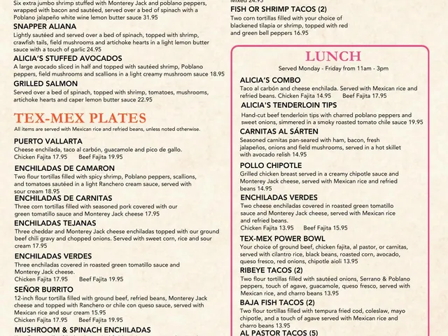 Second page of Alicia's Mexican Grille complete food menu with seafood, Tex-Mex plates, tacos, lunch, and desserts