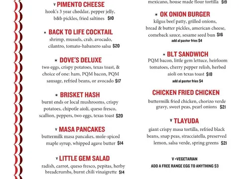 Dove's Luncheonette food menu listing breakfast dishes, sandwiches, Mexican-inspired plates, sides, descriptions, options, and prices