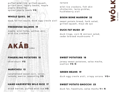 Indigena by Owamni lunch and dinner menu page
