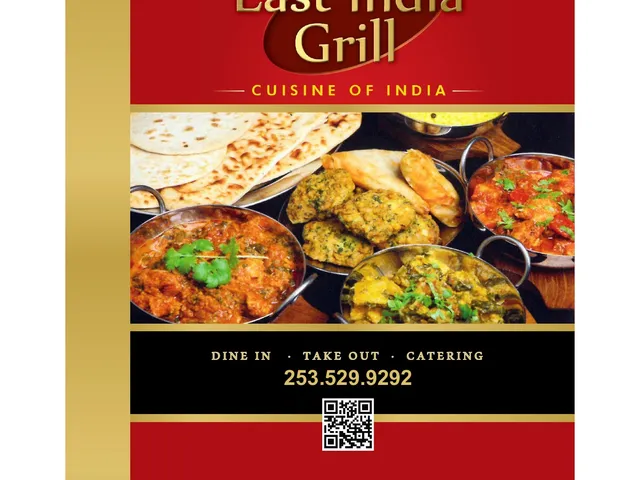 East India Grill official full menu cover with restaurant name, food photographs, phone number, and dine-in, takeout, and catering notice
