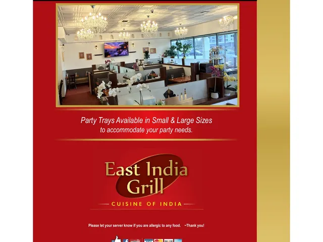 East India Grill official menu inside cover with dining-room photograph, party tray notice, and food safety information