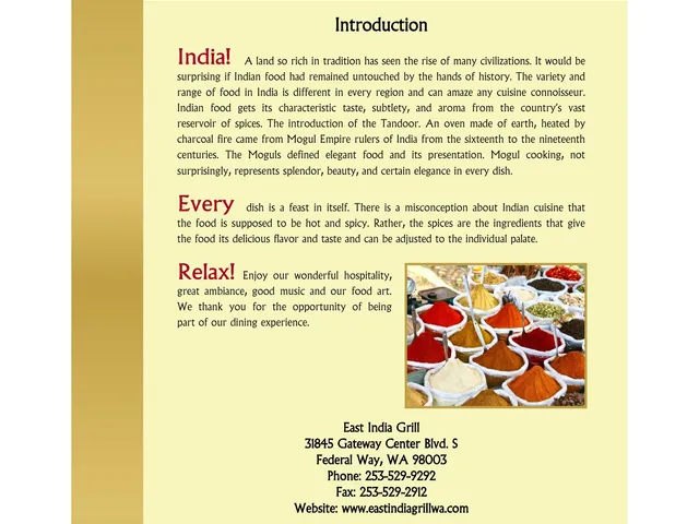 East India Grill official menu introduction with cuisine background, address, phone, gluten-free key, and service terms