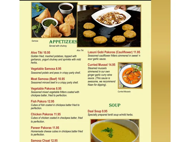 East India Grill official menu page listing appetizers and soup with descriptions and prices