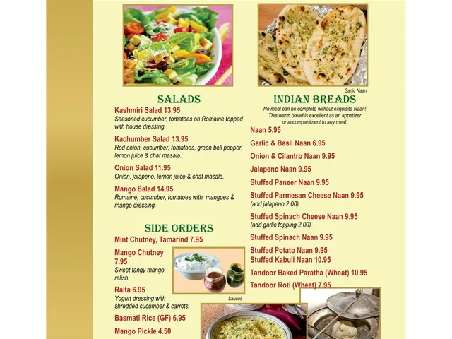 East India Grill official menu page listing salads, side orders, and Indian breads with descriptions, prices, and add-ons
