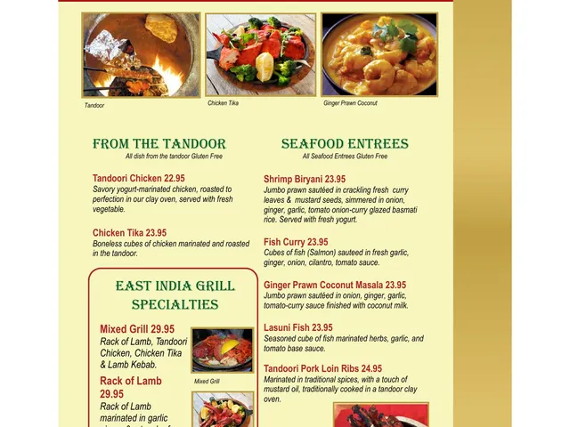 East India Grill official menu page listing tandoor dishes, house specialties, and seafood entrees with descriptions and prices