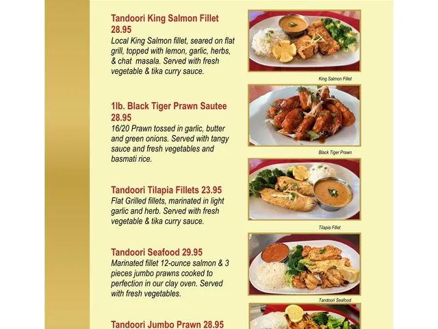 East India Grill official seafood menu page listing salmon, prawns, tilapia, and mixed seafood with descriptions and prices