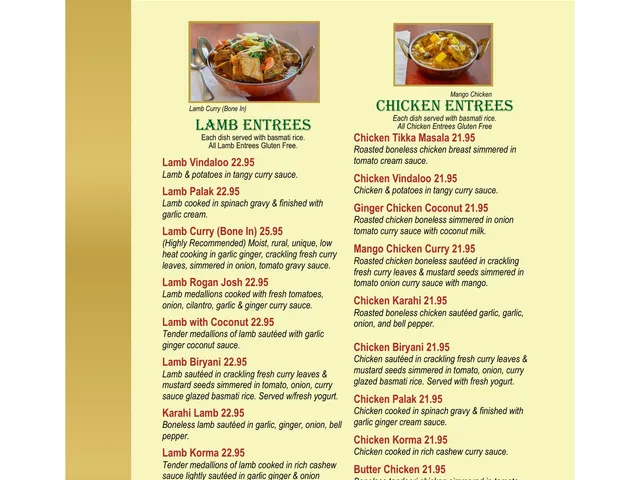 East India Grill official menu page listing lamb and chicken entrees with descriptions and prices