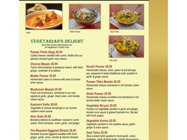 East India Grill official vegetarian menu page listing paneer, lentil, vegetable, kofta, and biryani dishes with descriptions and prices