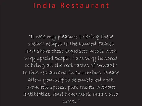 Awadh India Restaurant official menu introduction page with a statement from Chef Anand Kumar