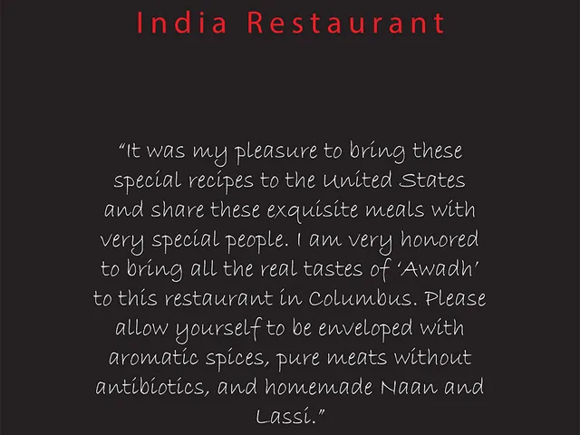 Awadh India Restaurant official menu introduction page with a statement from Chef Anand Kumar