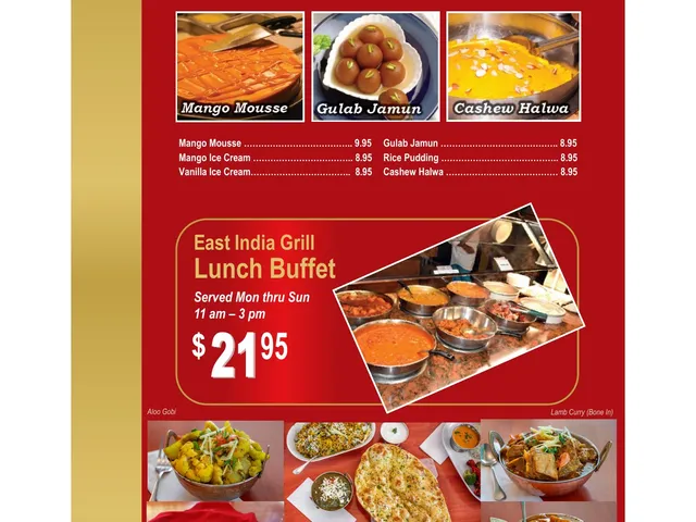East India Grill official dessert menu page listing six desserts and the daily lunch buffet with prices