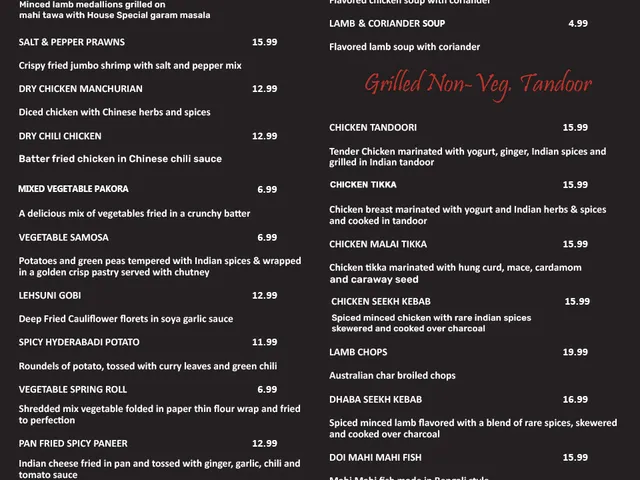 Awadh India Restaurant menu page listing starters, soups, and grilled non-vegetarian tandoor dishes