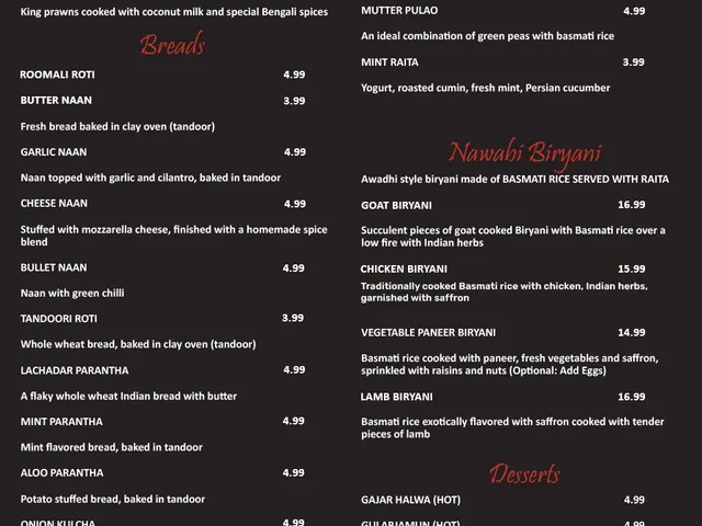 Awadh India Restaurant menu page listing seafood, breads, pilafs, biryani, and desserts