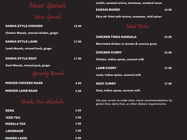 Awadh India Restaurant menu page listing wraps, house specials, specialty breads, drinks, and special dietary dishes