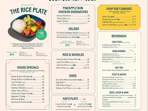 Complete published Mamahuhu menu board listing the rice plate, house specials, pineapple bun chicken sandwiches, salads, rice and noodles, sides, kids plate, dairy-free sundaes, beverages, beer, cider, and wine
