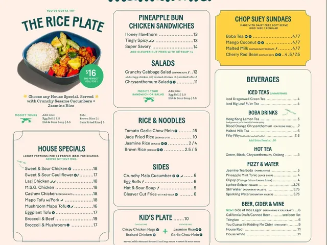 Complete published Mamahuhu menu board listing the rice plate, house specials, pineapple bun chicken sandwiches, salads, rice and noodles, sides, kids plate, dairy-free sundaes, beverages, beer, cider, and wine