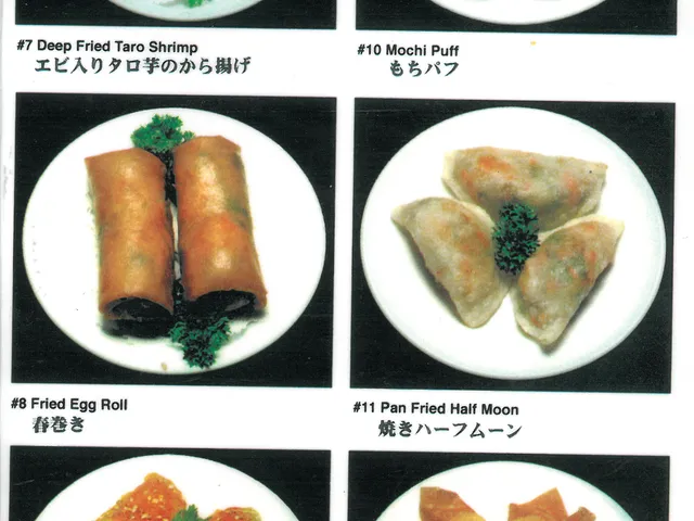 Legend Seafood pictorial dim sum menu page showing deep fried taro shrimp, mochi puff, fried egg roll, pan fried half moon, BBQ pastry and deep fried shrimp