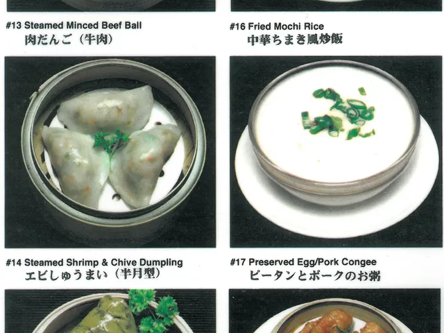 Legend Seafood pictorial dim sum menu page showing steamed minced beef ball, fried mochi rice, shrimp and chive dumpling, preserved egg and pork congee, mochi rice in lotus leaf and braised chicken feet
