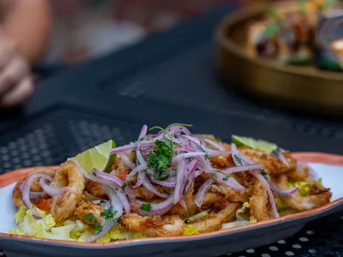 Peruvian dish topped with sliced onions at Pisco