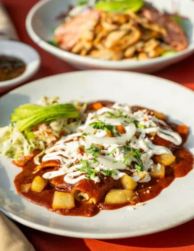 Enchiladas mexicanas topped with crema and queso fresco at Rosario's