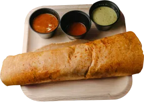 Crispy dosa served with a trio of dipping chutneys at Madras Dosa Company
