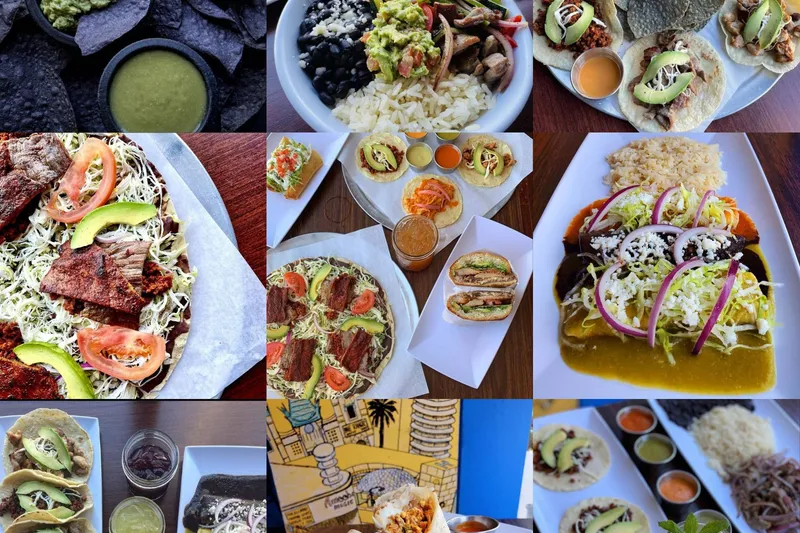 A grid of dishes from Tlayuda L.A. Restaurant — guacamole with blue tortilla chips, fajita bowls, tacos, tlayudas topped with meat and avocado, tortas, a burrito, enchiladas in mole, and aguas frescas