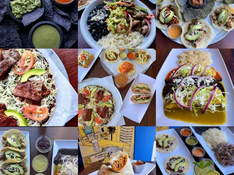 A grid of dishes from Tlayuda L.A. Restaurant — guacamole with blue tortilla chips, fajita bowls, tacos, tlayudas topped with meat and avocado, tortas, a burrito, enchiladas in mole, and aguas frescas