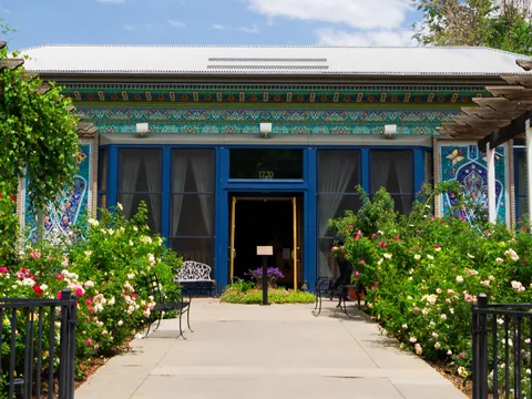 Exterior of the hand-carved Boulder Dushanbe Teahouse along Boulder Creek