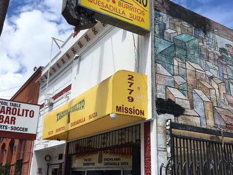 Yellow Taqueria El Farolito storefront and marquee sign reading Tacos, Burritos, Quesadilla Suiza at 2779 Mission Street in San Francisco
