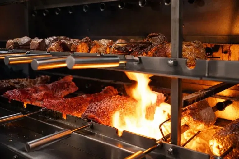 Skewers of churrasco meats roasting over an open flame on the rotisserie grill at Estância Brazilian Steakhouse in Austin