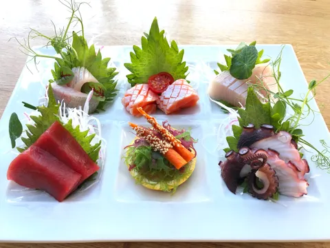 Assorted sashimi platter with tuna, salmon, yellowtail and octopus garnished with shiso and microgreens at Sushi Den in Denver