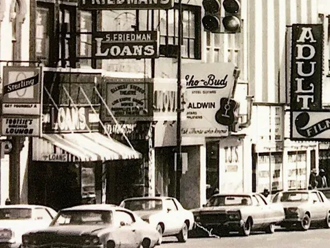 Historical photo of the Lower Broadway strip in Nashville near Robert's Western World