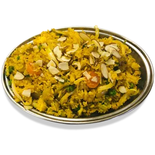 Vegetable biryani topped with sliced almonds on a steel plate at Royal India in Reno