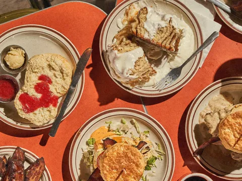 Biscuits, a cinnamon roll, and a biscuit sandwich at Denver Biscuit Company
