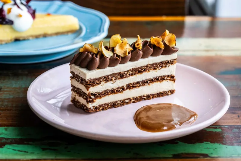 Layered chocolate cream cake at Odd Duck