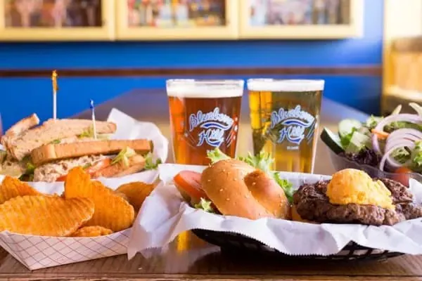 Burger and sandwich baskets with beer at Blueberry Hill
