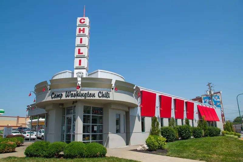 Exterior of the streamline-moderne Camp Washington Chili building with its neon sign