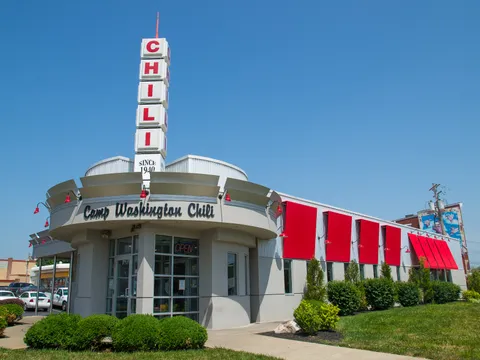 Exterior of the streamline-moderne Camp Washington Chili building with its neon sign