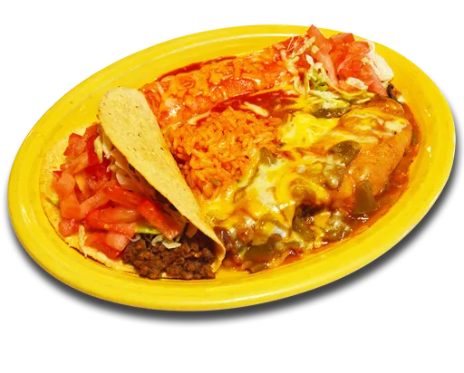 New Mexican combination plate with a ground beef taco, a cheese enchilada topped with red chile and Spanish rice on a yellow plate at Los Cuates in Albuquerque