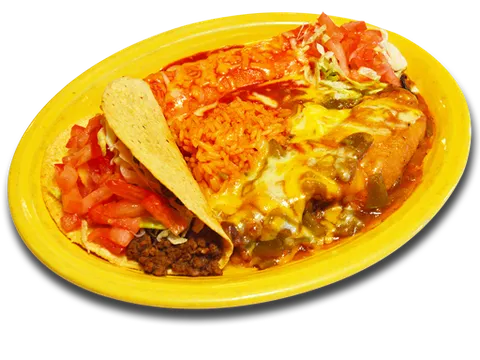 New Mexican combination plate with a ground beef taco, a cheese enchilada topped with red chile and Spanish rice on a yellow plate at Los Cuates in Albuquerque