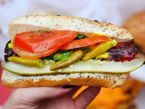 Char-grilled Chicago-style hot dog with all the toppings at The Wieners Circle