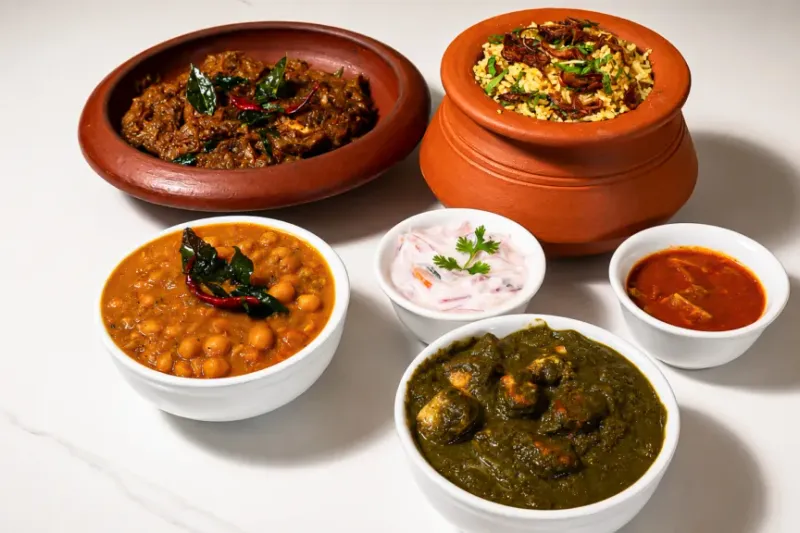 A spread of Mayura Indian Restaurant's Kerala dishes in clay pots and bowls: biryani, coconut roast, chana masala, raita, fish curry, and palak paneer
