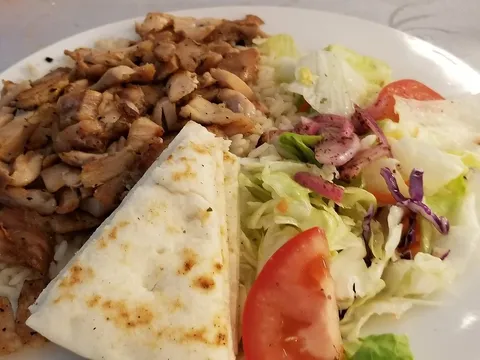 Chicken doner kebab with rice, salad, and pita from Anatolia in Albuquerque.