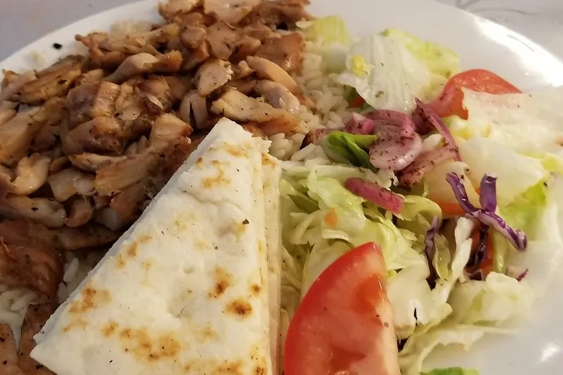 Chicken doner kebab with rice, salad, and pita from Anatolia in Albuquerque.