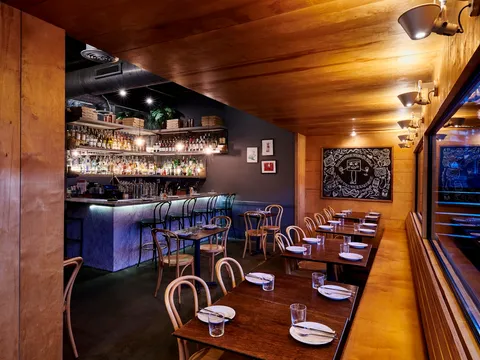 Interior dining room and marble bar at Emmy Squared Pizza in The Gulch, Nashville