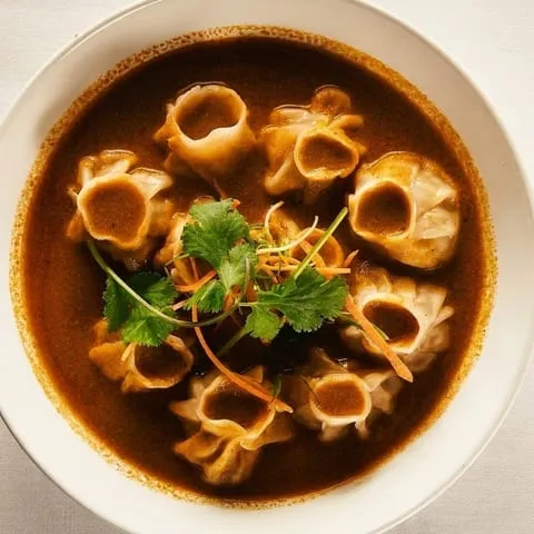 Overhead view of Nepalese dumplings in a dark, rich sauce garnished with cilantro and shredded carrots